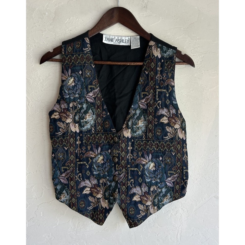 Vintage 90s Jane Ashley Beaded Tapestry Vest P M Bohemian Floral Button Up Fairy